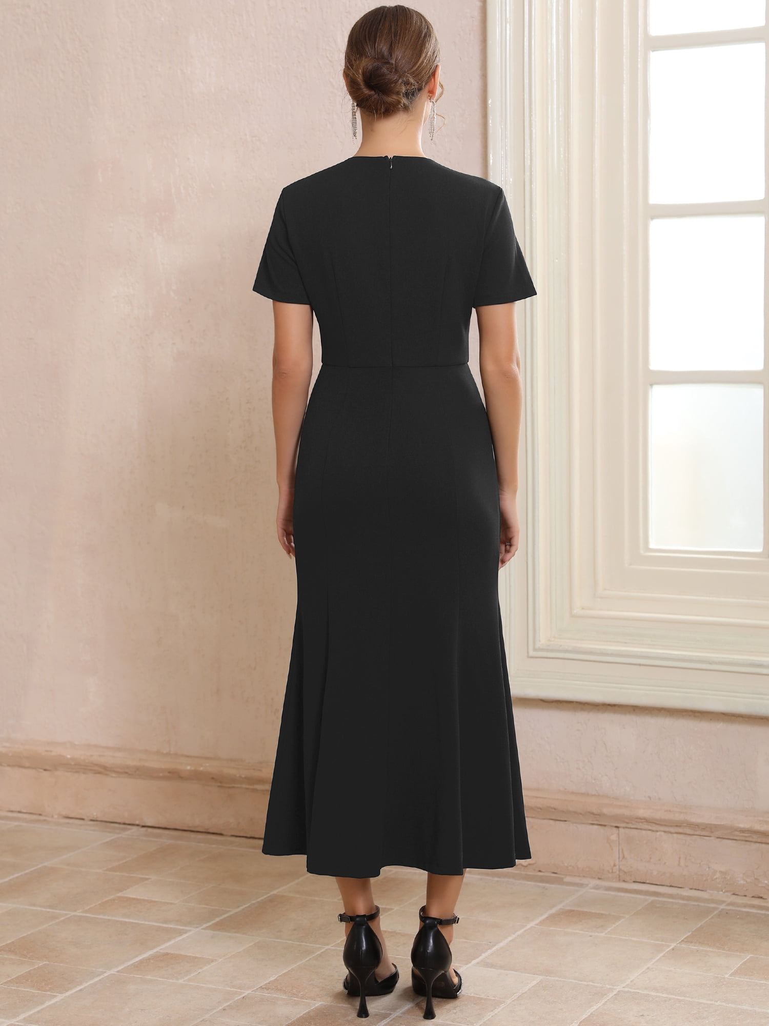 DARING DIVA Women's Lace Embroidered Crewneck Midi Dress for Wedding M Black