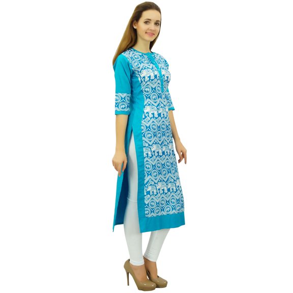 Phagun Women's Designer Straight Blue Kurta 3/4 Sleeve Printed Casual Kurti-12