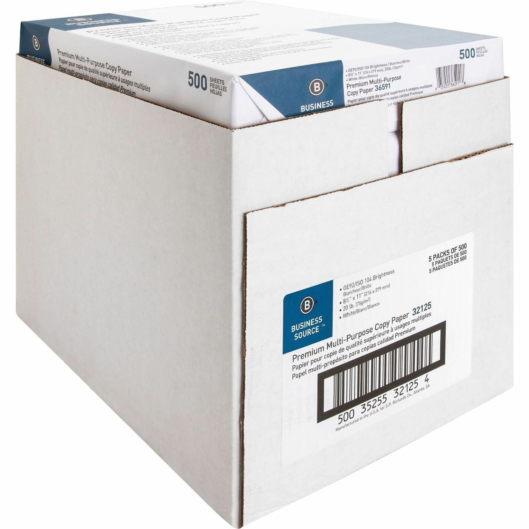 Business Source, BSN32125, Premium Multipurpose Copy Paper, 2500 / Carton, White