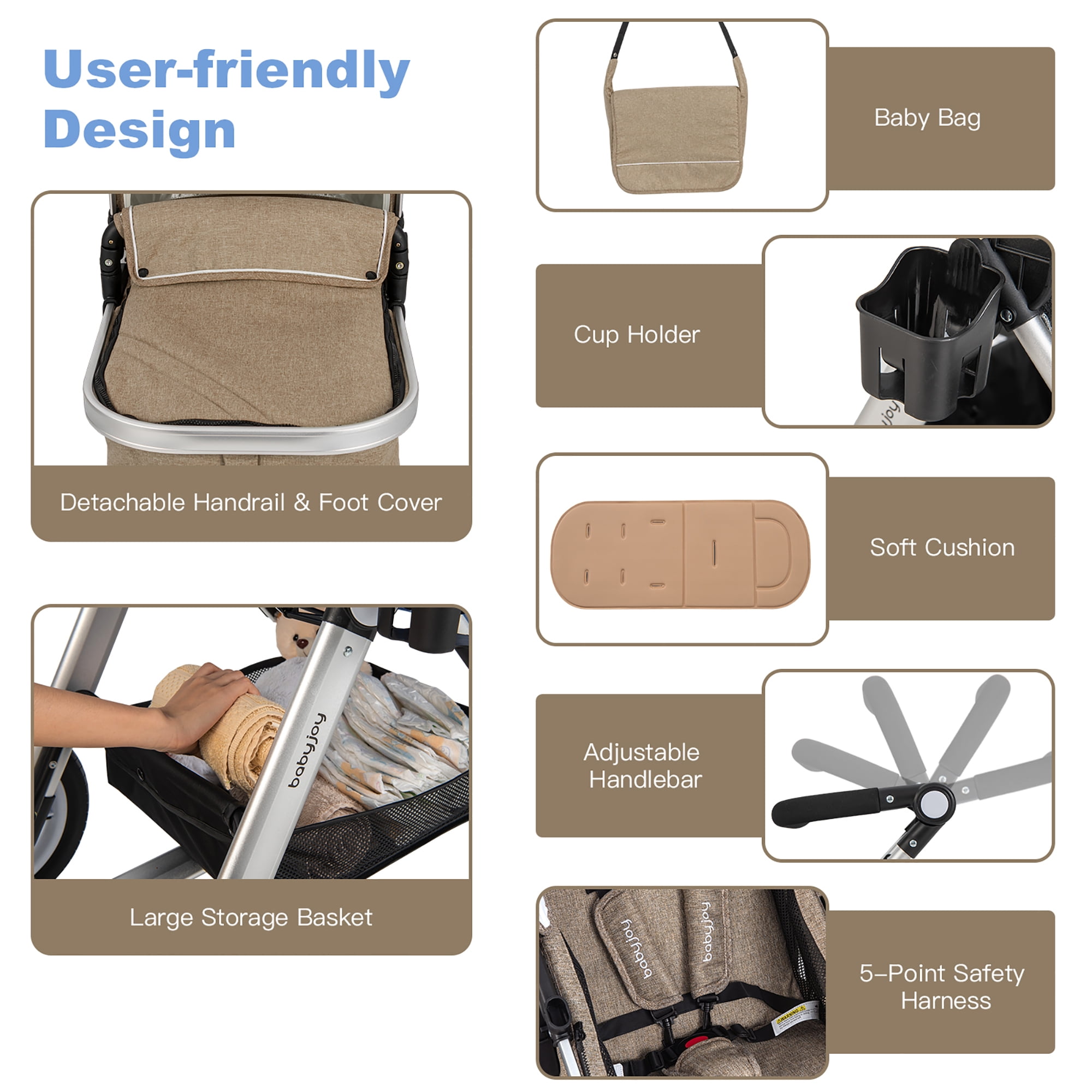 Costway Folding Aluminum Infant Baby Stroller Kids Carriage Pushchair W/ Diaper Bag Khaki