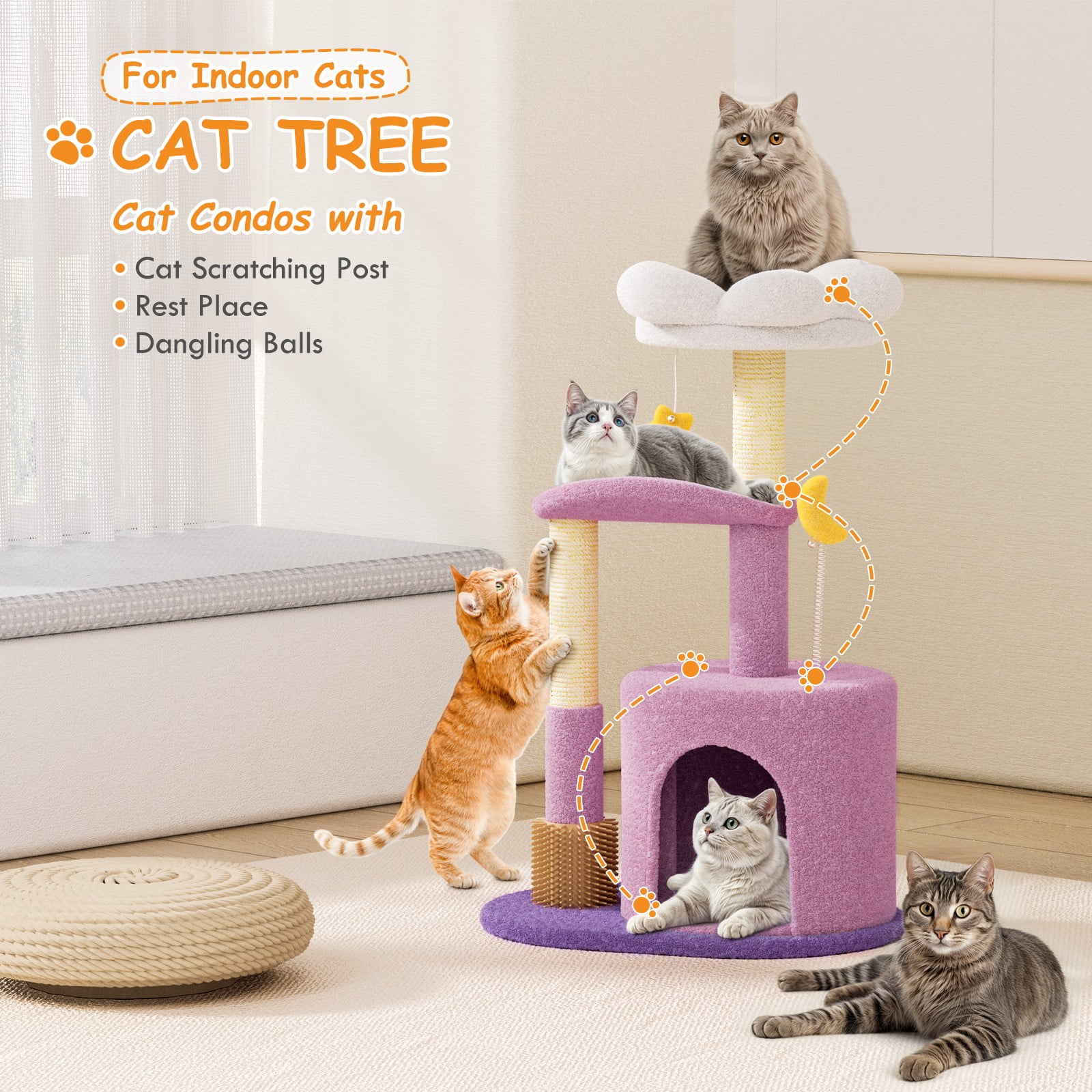 OSM 33-inch Floral Cat Tree for Indoor Cats, Compact Cat Tower with Scratching Posts, Cozy Condo, Flower Perch & Dangling Toys for Kittens & Small Cats, Purple