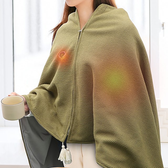 Heated Shawl Cozival Heated Shawl for Women, USB-powered electric knit wrap with 3 heat settings and auto shut-off. The shawl features a soft, skin-friendly knit fabric in a zippered wrap design, shown in a light olive green colour. It provides adjustable warmth for indoor and outdoor use, ideal for travel, office, or home. The USB power supply ensures portability and compatibility with power banks or computer ports. Machine washable for easy care.