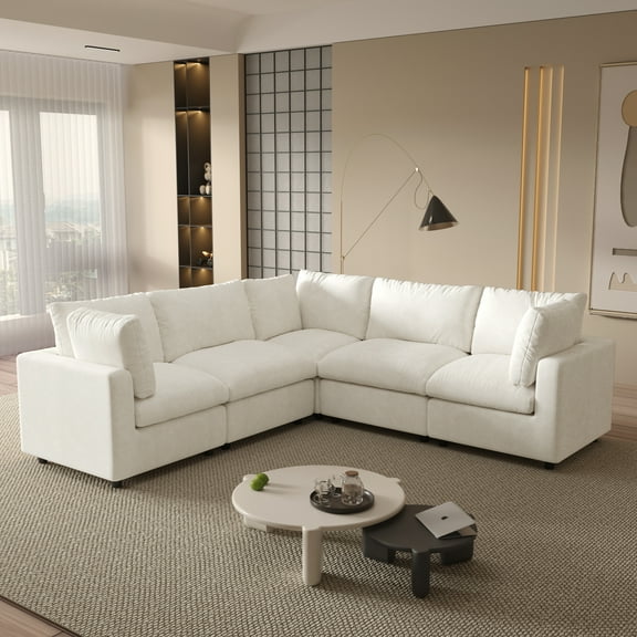 Magic Home 100.5" Modular Sectional Sofa, Modern Chenille L Shaped Cloud Couches Beige Couch for Living Room, Apartment, Office, 5-Seat, Beige