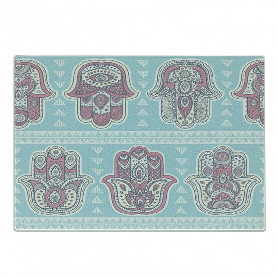 Hamsa Cutting Board, Bohemian Style Pattern with Open Hamsa Hands Ornate Mandala Theme Art Boho Print, Decorative Tempered Glass Cutting and Serving Board, Small Size, Blue Pink, by Ambesonne