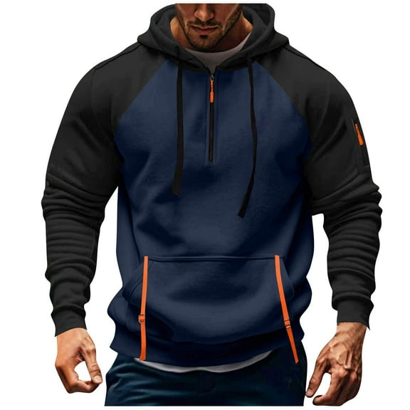 Riecok Cargo Hoodies for Men Long Sleeve Hooded Pullover Zip Up Tops with Pockets Solid Casual Athletic Clothes Drawstring