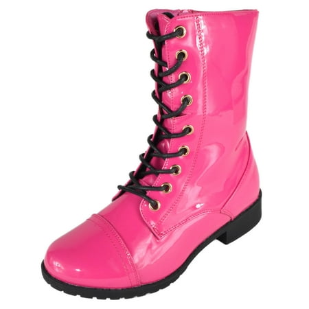

Forever Women Shoes Combat Army Style Boots Lace Up Side Zipper Booties Hot Pink Fuchsia Patent 6.5