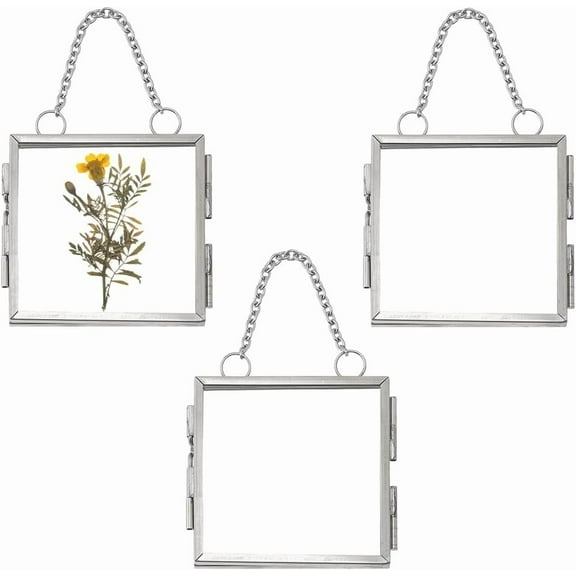 3Pcs Brass Hanging Frame Glass Pressed Flower Frames Hanging Floating Picture Frames Square Artwork Display with Chain for Pressed Dried Flowers Plants Wall Mounted Decor for DIY
