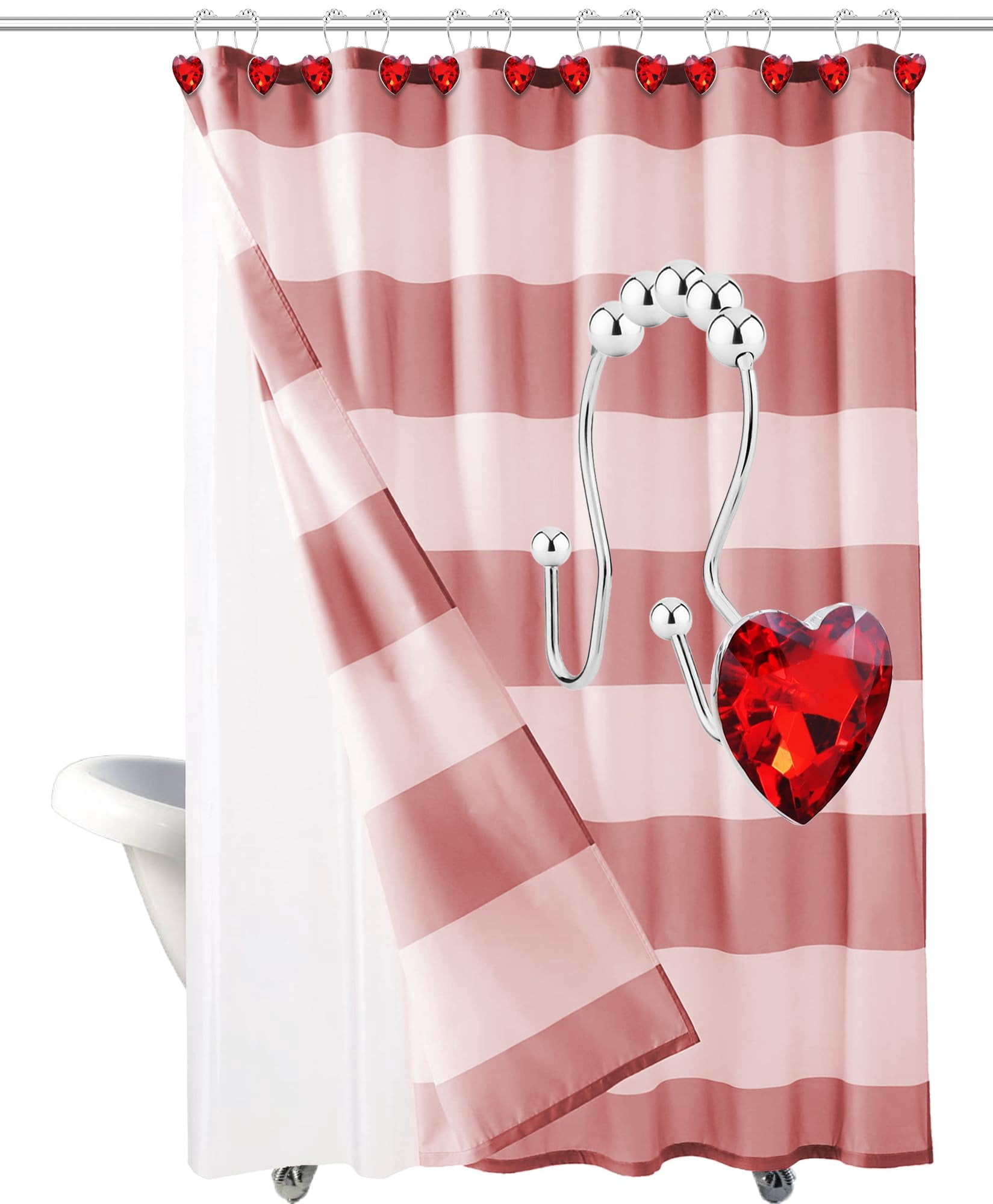 Bathroom curtain hook rings, 12-pack, heart-shaped stainless steel rust-proof decorative rhinestone shower curtain rings (single hook, transparent).