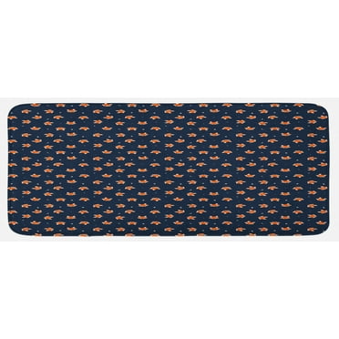 Fox Kitchen Mat, Orange Small Forest Animal Portraits Pattern on Abstract Dotted Blue Backdrop, Plush Decorative Kitchen Mat with Non Slip Backing, 47" X 19", Navy Blue Orange, by Ambesonne
