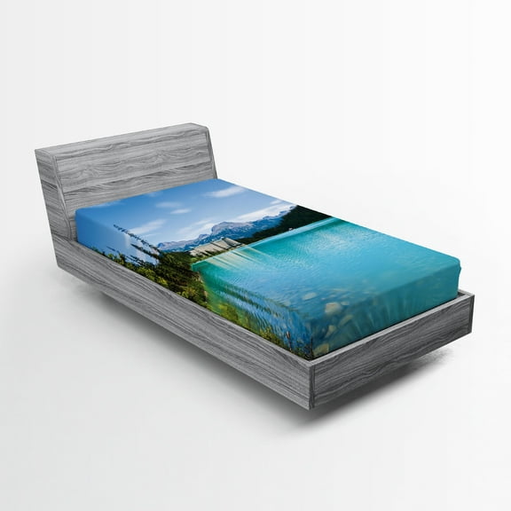 Ambesonne Landscape Fitted Sheet, Canadian Lake Castle, Twin Size, Turquoise Green
