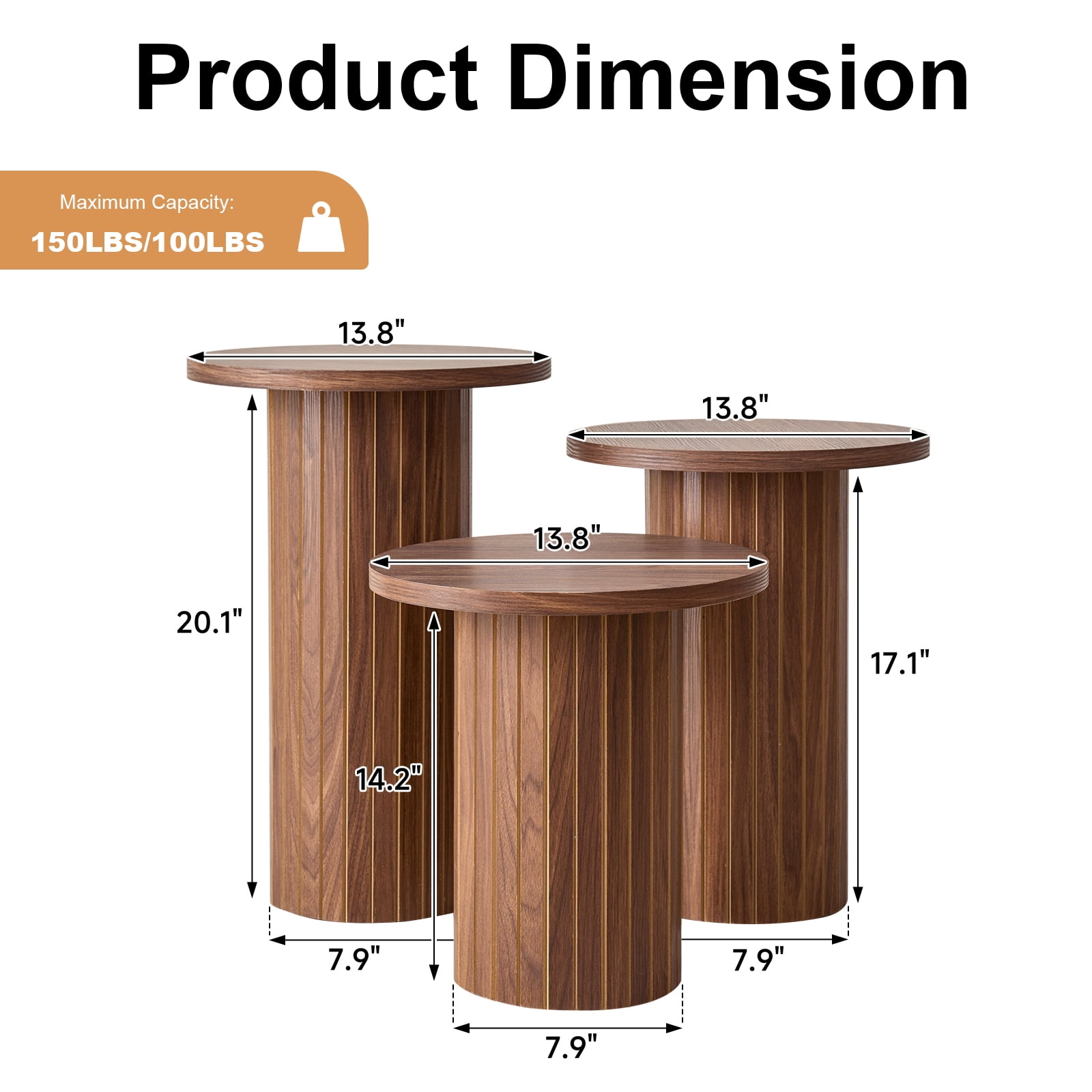 3-Piece Nesting Coffee Table Set, Modern Small Round Wood Side Tables, Fluted Drum Base, for Living Room, Bedroom, Apartment, Small Space, Sofa, Brown