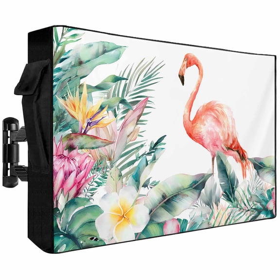 Outdoor TV Cover 58x37x4.5in, Watercolor Flamingo Flower Leaves Weatherproof TV Screen Protector with Zipper, Tropical Plants Outside Television Cover Fits Up to 60-65"