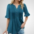 thumbnail image 2 of Hauaitttt A Fashionable Casual Loose V Neck Button Down Pleated Five Quarter Sleeve Solid Color T Shirt for Ladies Dark Shirt for Women Casual Short Sleeve Tops Women Shirt of Women Tunics for Women, 2 of 6