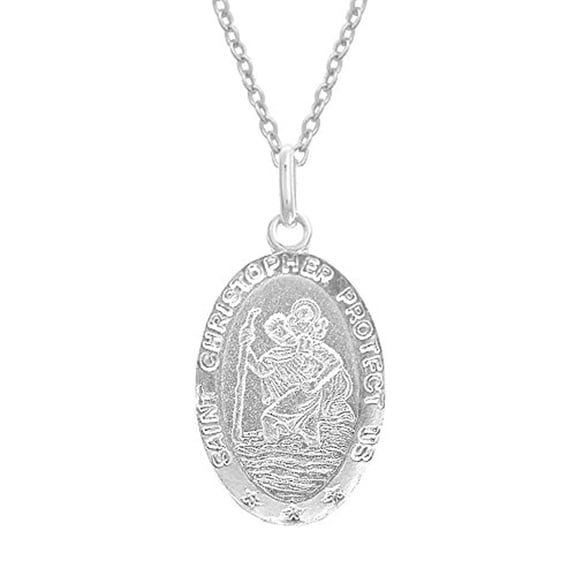 Ritastephens Italian Sterling Silver Small Oval Saint St Christopher Medal Charm Pendant Necklace, 16mm