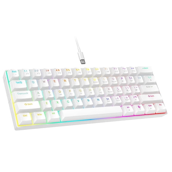 60% Compact Wired Mechanical Gaming Keyboard, Clicky Blue Switches, RGB Backlight, Wired USB Keyboard for Windows Desktop PC Laptop Gamers, White