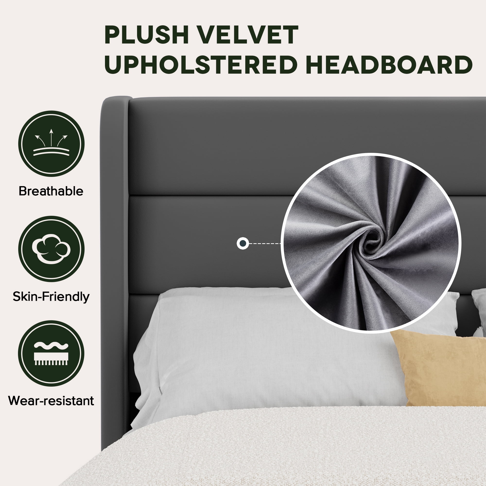 Einfach Queen Size Luxury Velvet Upholstered Platform Bed Frame with Wingback Headboard, Light Grey
