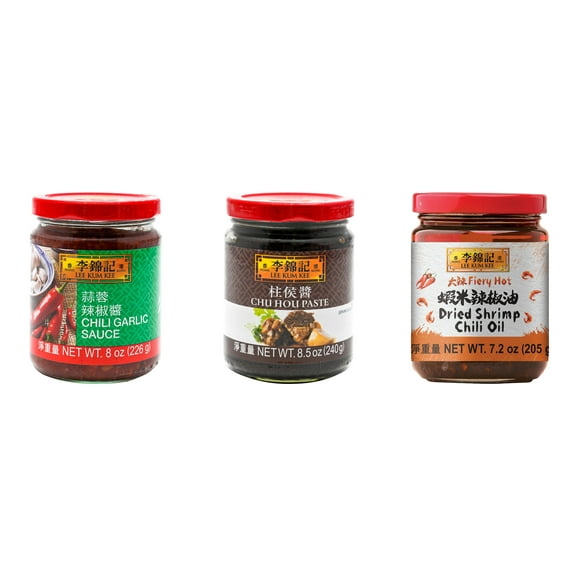 3 Pack Lee Kum Kee Cooking Sauce, 3 Flavors(Chili Garlic Sauce,Chu Hou,Dried Shrimp Chili Oil) Plus NineChef Brand Long Handle Coffee Spoon