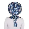 thumbnail image 4 of Women Silk Bonnet for Sleeping Satin Hair Bonnet with Floral Print and Long Tie Band - Navy Blue, 4 of 6