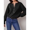 thumbnail image 5 of Women Henley Neck Half Button Drop Shoulder Loose Long Sleeve Knit Pullover Sweater Black XS, 5 of 9
