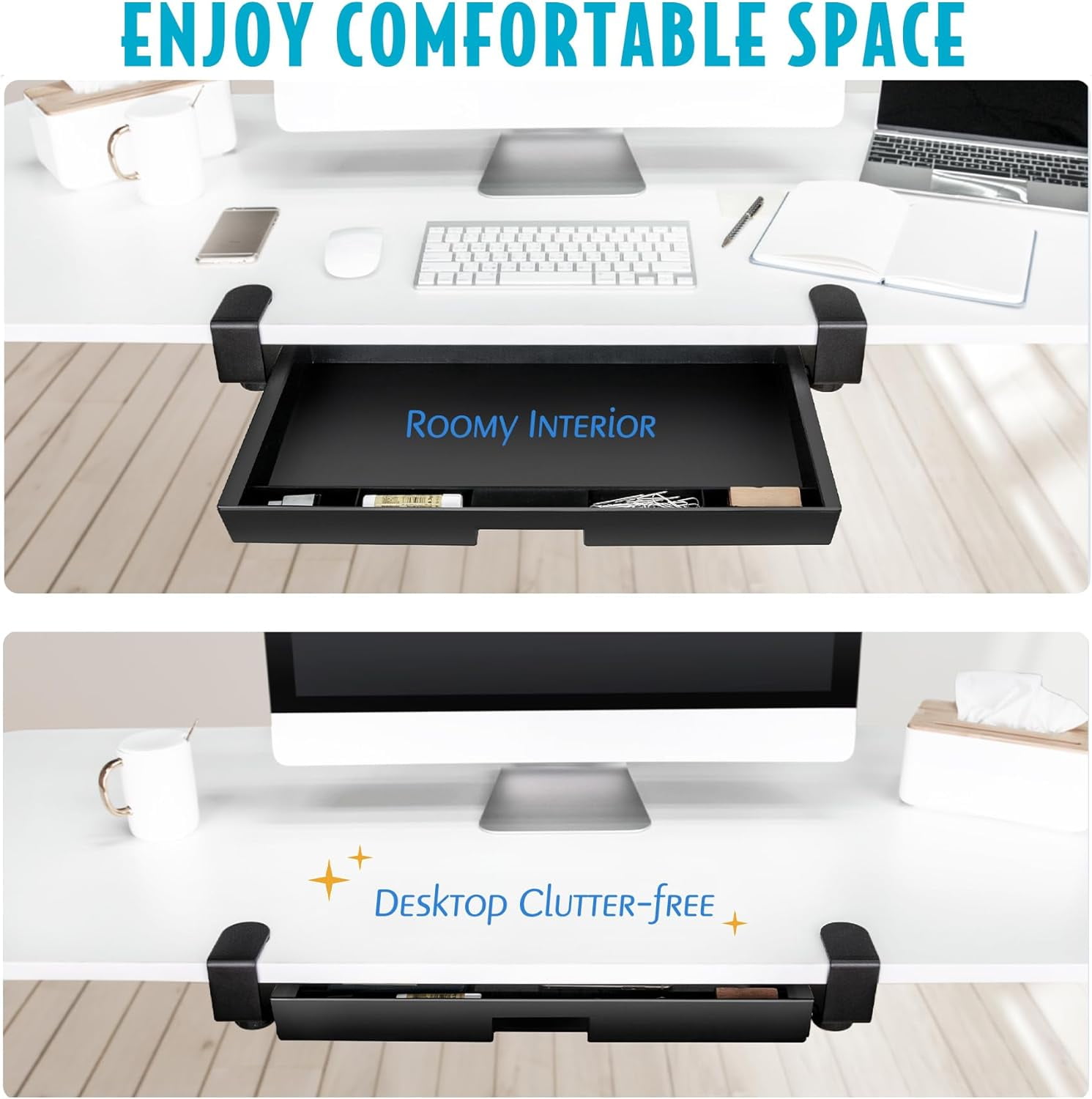 EHO Under Desk Slide-Out Storage Drawer, Large 20" x 11.8" Clamp-On Pull-Out Organizer with Adjustable Height, Space-Saving Tray for Office Supplies and Accessories