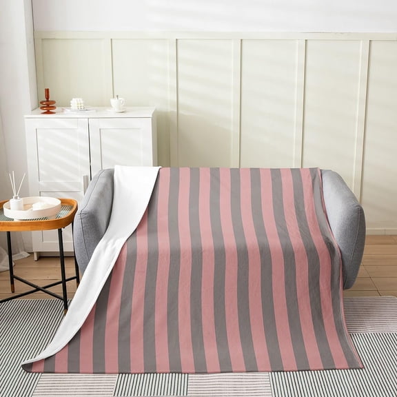 Striped Fleece Throw Blanket for Sofa Bed Pink and Grey Soft Cozy Couch Blanket