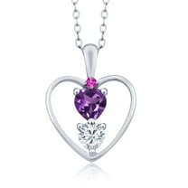 925 Sterling Silver Purple Amethyst White Moissanite and Pink Sapphire Pendant Necklace for Women (0.66 Cttw, Gemstone February Birthstone, Heart 5MM and 4MM, with 18 inch Silver Chain)