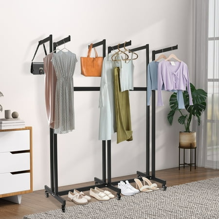 6-Arm Garment Display Rack, Adjustable Height 3.94-5.18ft with 6 Wheels, 165lbs Capacity Black Iron Rack for Boutique and Home Display