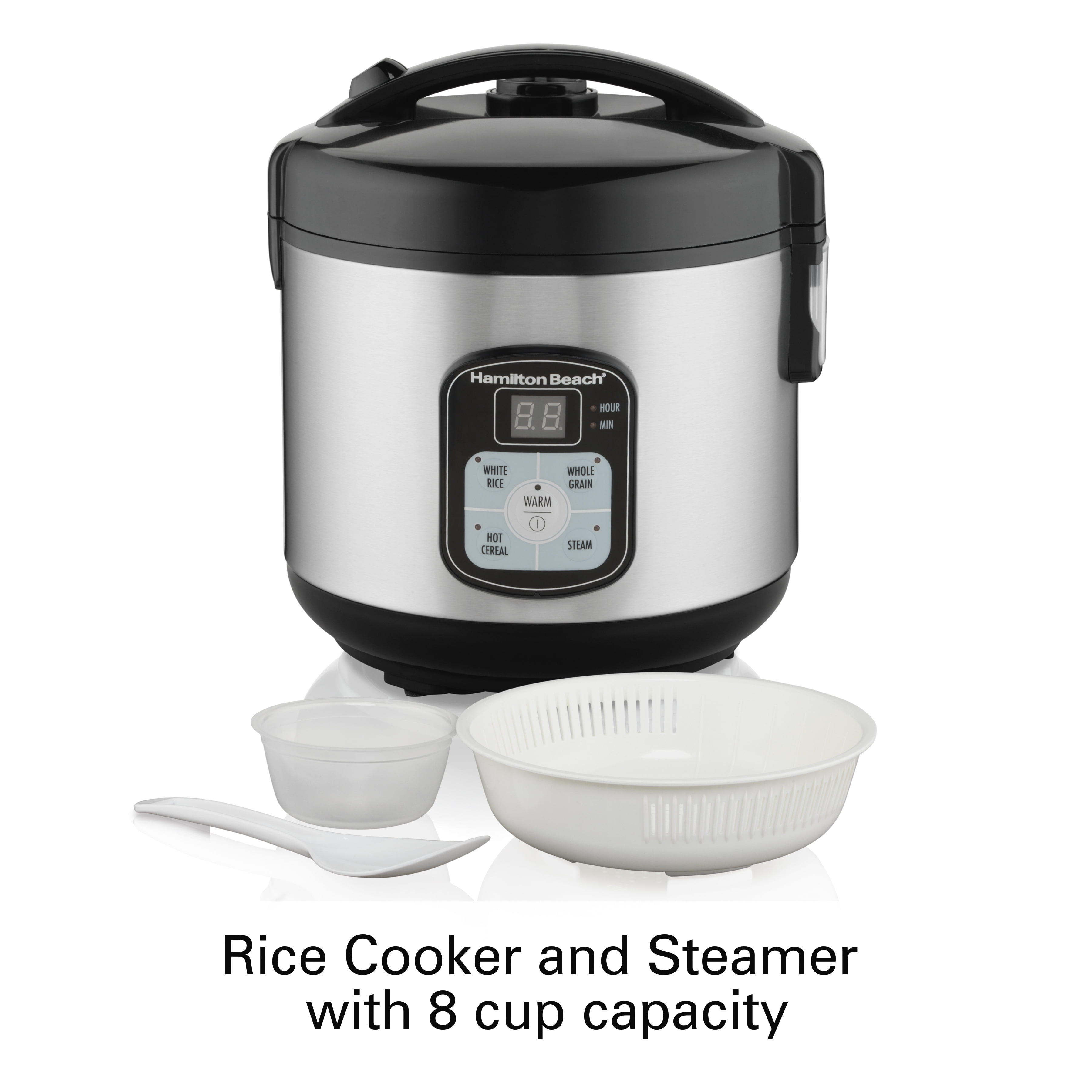  Hamilton Beach Digital Programmable Rice Cooker & Food Steamer,  8 Cups Cooked (4 Uncooked), With Steam & Rinse Basket, Stainless Steel  (37518): Home & Kitchen