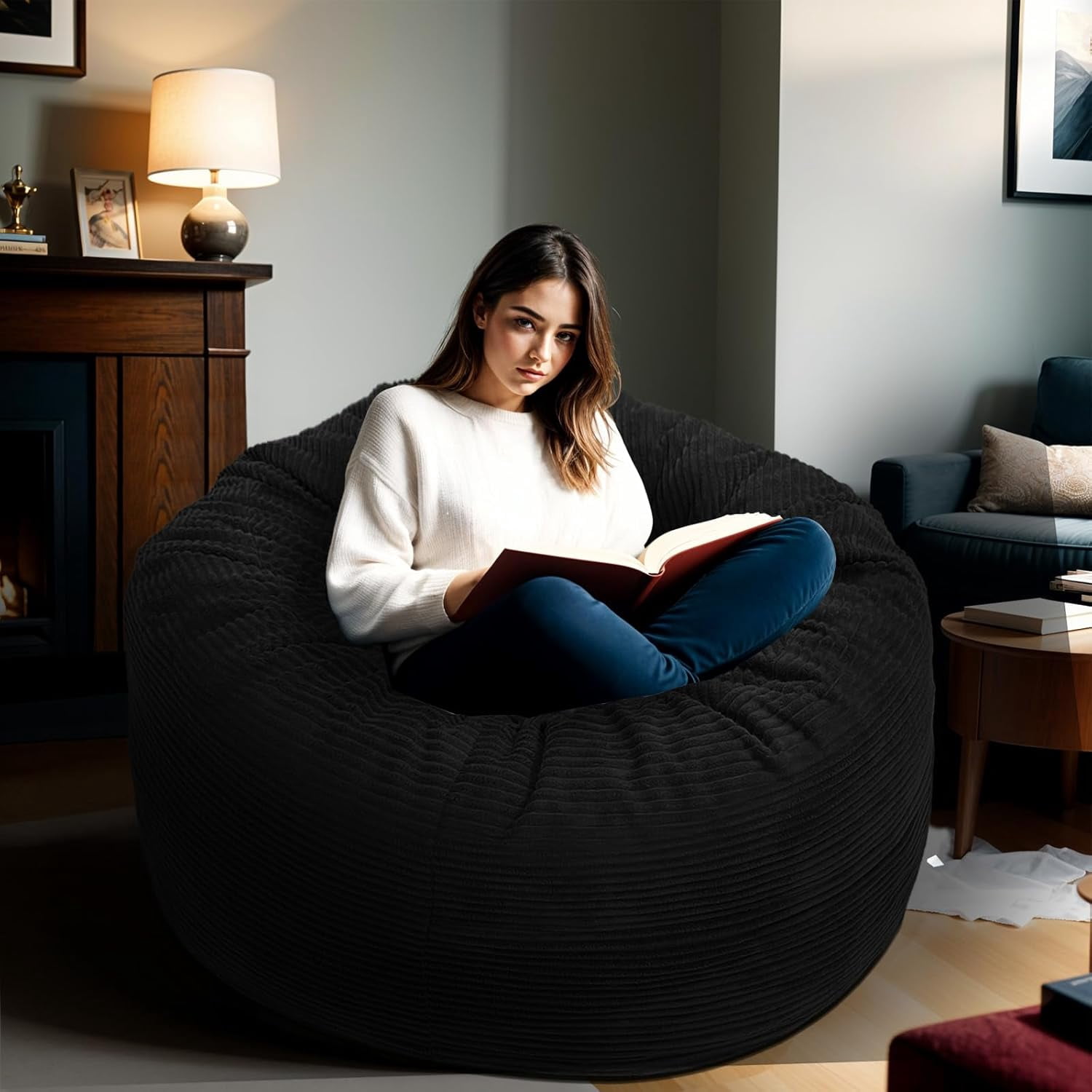Bean Bag Chairs for Adults, 3FT Bean Bag Chairs with Plush Microfiber Removable Cover, Giant Bean Bag Chairs with Memory Foam Big Sofa Bean Bag Chairs for Reading, Gaming Cozy Chair, Black
