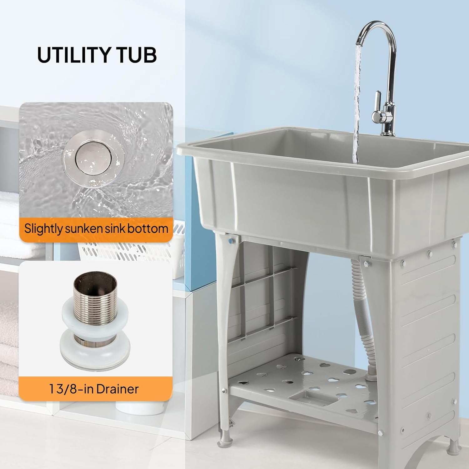 ROVSUN 20-Gallon Black Plastic Utility Sink with Hot & Cold Faucet, 150lbs Load Capacity, Upgraded Height & Version, Use for Laundry Room, Garage, Garden, Basement, 32.3’’L×22.4’’W×36.2’’H (Grey)