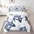 thumbnail image 3 of Manfei Navy Japanese Fish 7-Piece Bedding Comforter Set, Tokyo Ocean Waves King Bedding Sets, Vintage Stripes Abstract Reversible Bed Sheets, Breathable Home Decor, 3 of 8