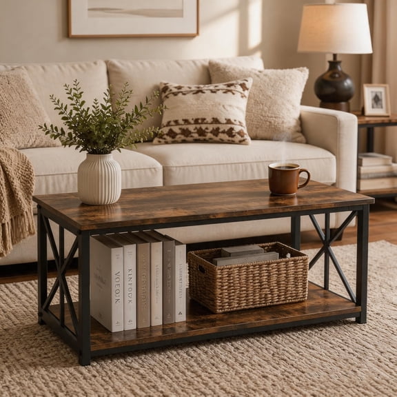 Manxile Industrial Rectangle Wood Coffee Table Oxford Coffee Table with Open Storage Shelf, Rustic Brown