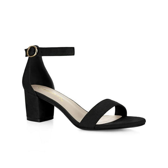 BLISSFUL STEP Women's Shoes Open Toe Mid Block Heel Ankle Strap Faux Suede Sandals Black 9