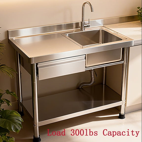 Stainless Steel Commercial Sink with Drawer & Cold and Hot Water Pipe, Free Standing Single Bowl Kitchen Sink, Utility Sink , 24"D x 40"W x 31"H for Indoor Outdoor & Garage
