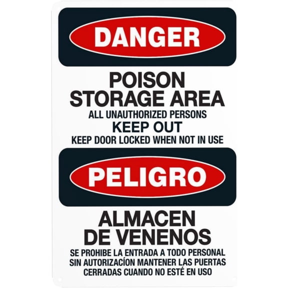 Poison Storage Area All Unauthorized Persons Keep Out Bilingual Warning Sign, Security Safety Metal Signs, Caution Wall Decor for Business Office Home Street Road Use 8 x 12 Inch