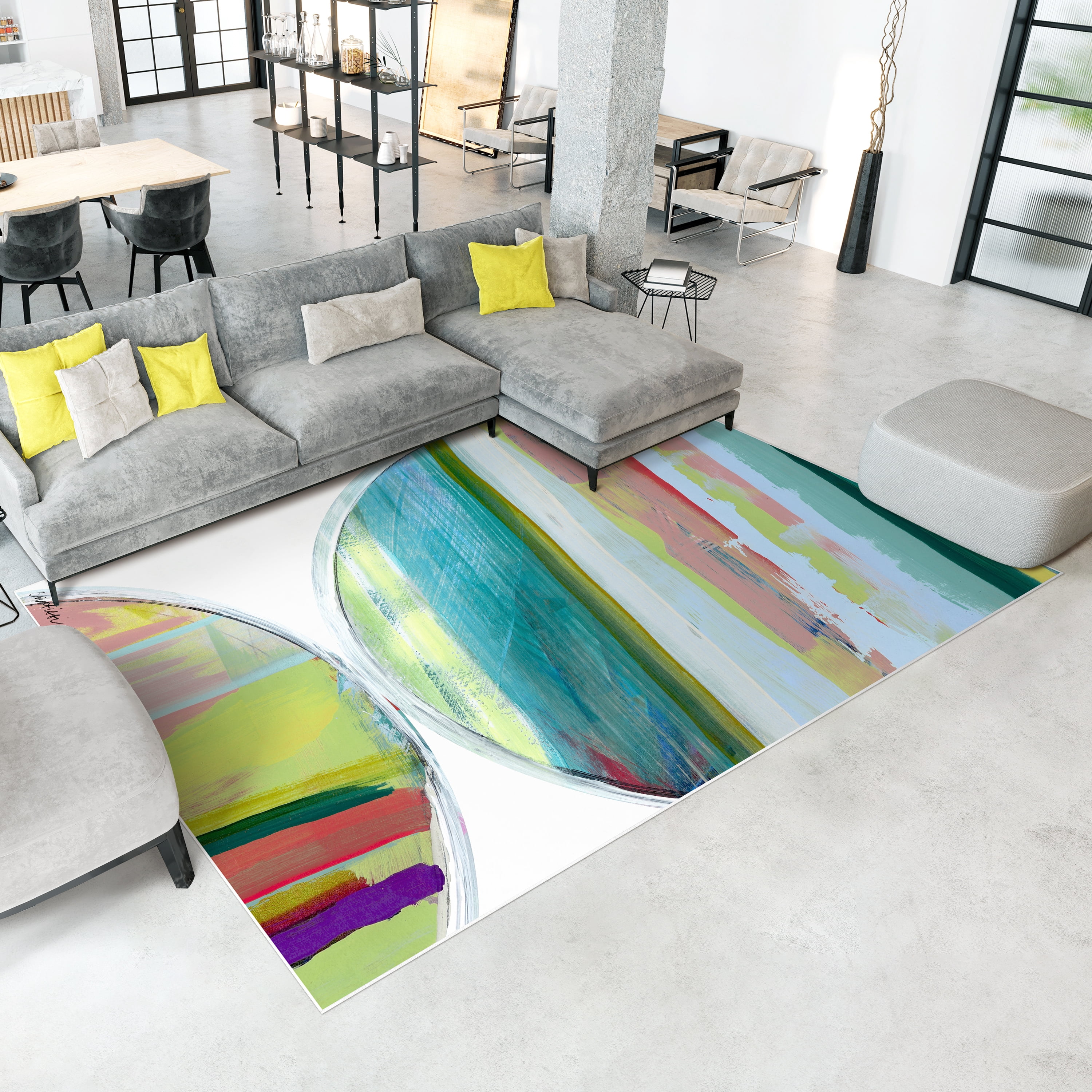 Rhythmic Circles III Washable Geometric Art Area Rug size 8'x10', Power-loomed, Heavenly Softness with Non-Slipping Backing