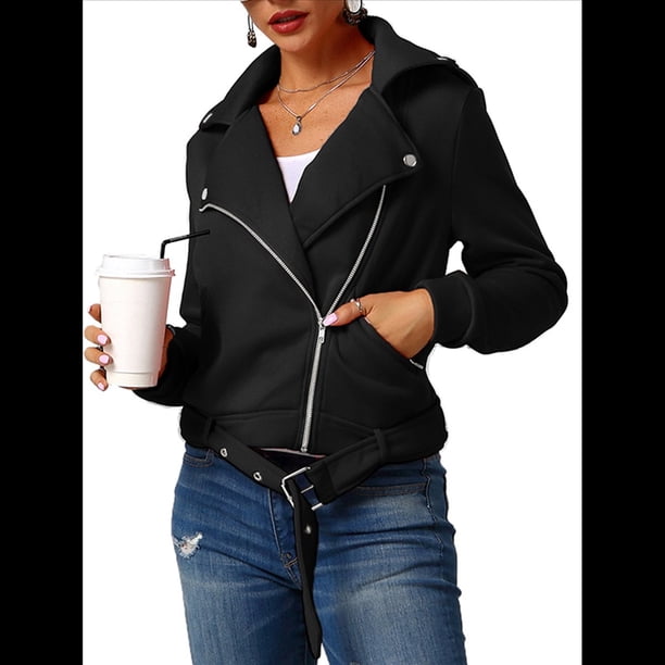 Chaqueta Gruesa, Holgada e Irregular con Solapa y Cremallera Inclinada para Mujer, de Larga, Informal, con Cremallera Negro XXL