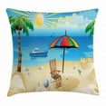 thumbnail image 1 of Beach Throw Pillow Cushion Cover, Colorful Cartoon Style Coast Pattern Boat Rainbow Umbrella Open Skyline Palm Tree, Decorative Square Accent Pillow Case, 24 X 24 Inches, Multicolor, by Ambesonne, 1 of 2