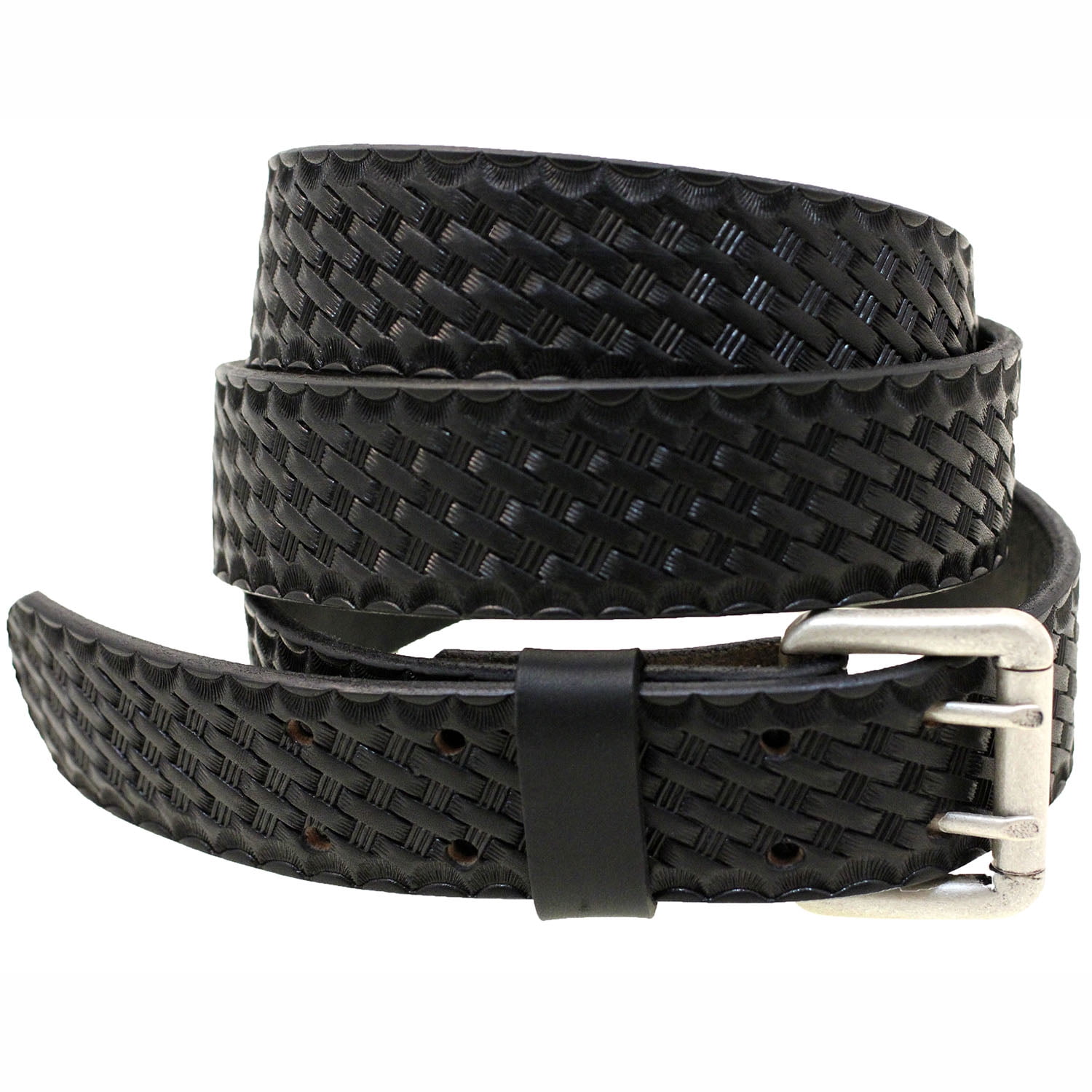 Made In USA 1 1/2 Black Leather Belt Double Holes Basket Weave Embossing