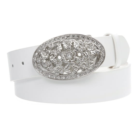 1 1/2" Women's Snap On Belt With Oval Perforated Engraved Crystal Rhinestone Western Floral Buckle