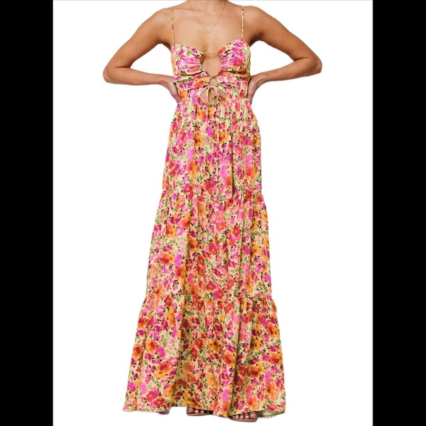 Vestido de Verano con Estampado Floral para Mujer, con Tirantes Finos, Aberturas y Lazo en la Parte Delantera, Holgado, Estilo Bohemio. Naranja Rosa S