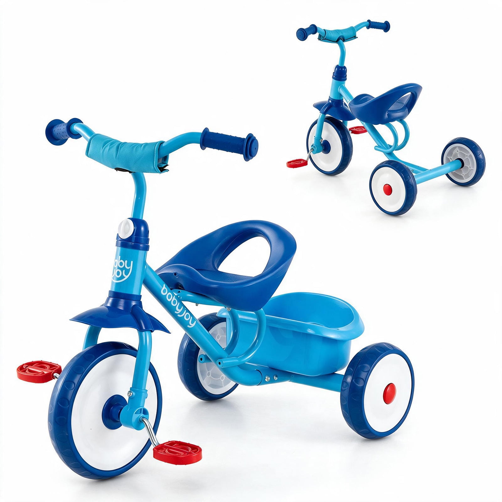 Babyjoy Toddler Tricycle with Removable Rear Storage Basket, Indoor Outdoor Toddler Bike Blue