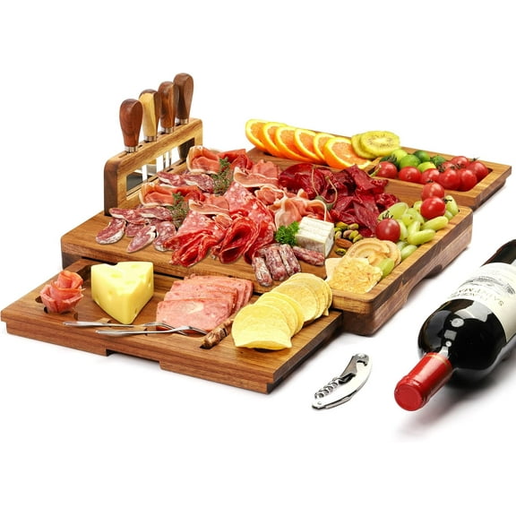 Premium Large Cheese Boards Acacia Nice Charcuterie Boards Gift Set Handcrafted Cheese Tray Set Unique Housewarming Gifts, Wedding Gifts for Couple, Bridal Shower Gifts (Retangular-No Slate)