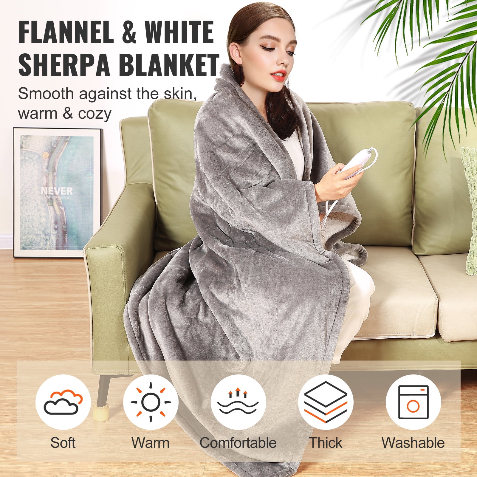 VEVOR 50" x 60" Electric Heated Throw Blanket, Flannel & Sherpa Throw Heating Blanket with 5 Heating Levels and 3hrs Timer Auto-Off, ETL Certification