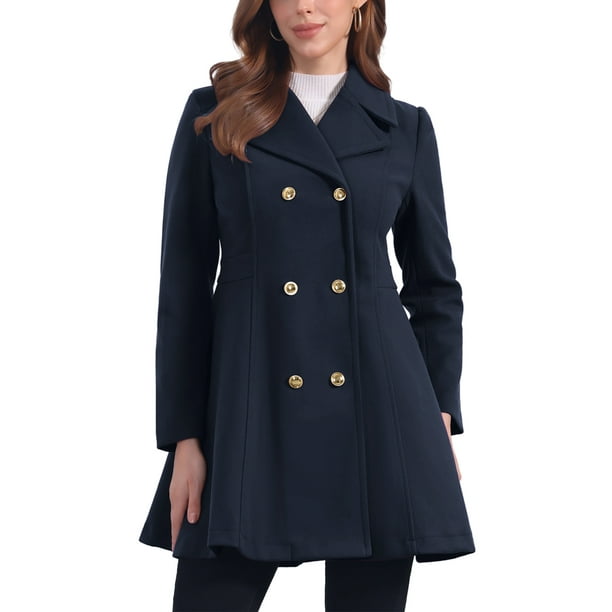 Abrigo largo de invierno INSPIRE CHIC para mujer, con solapa y doble botonadura, color azul oscuro M