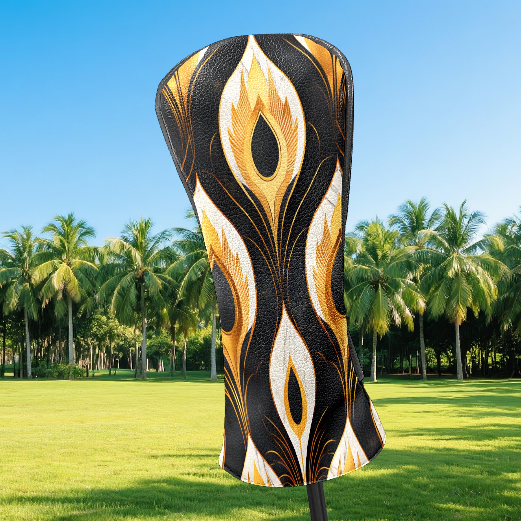 Golf Club Covers, Black Gold Art Pattern Premium PU Leather Driver Hybrid Putter Head Covers with Velvet Lining, Waterproof Golf Gifts for Men Women