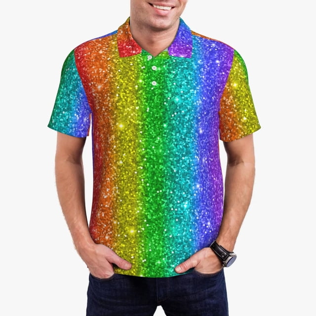 Balery Glitter Rainbow Camisa Polo de Hombre con Estampado, de Manga Corta y Tejido Medio, Camisa Tipo Golf Polo-XX-Large