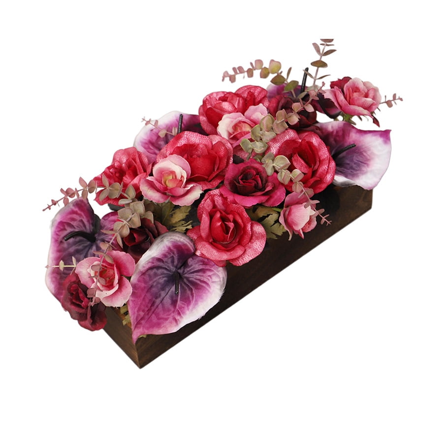 Flower Arrangement with Wooden Vase Artificial Flowers in Pot - Fake Flowers Roses Peonies Hydrangeas in Wooden Vase Potted Artificial Flower Centerpieces for Table Decor Living Room