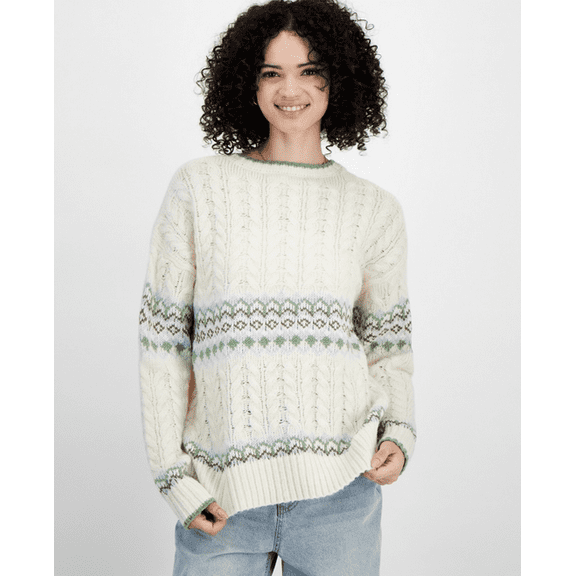 Sugar Moon Juniors' Cable-Knit Fair Isle Sweater - Green Stripe Combo