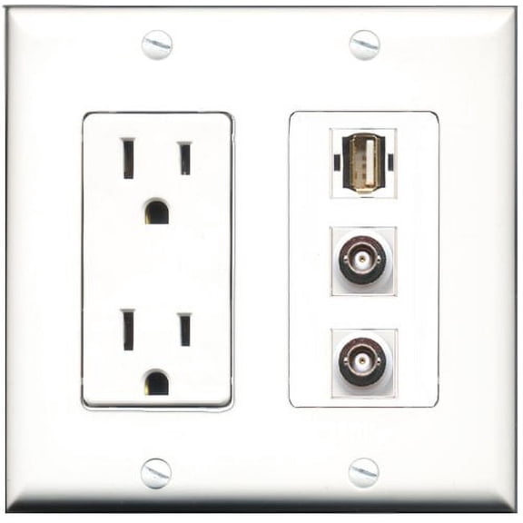 RiteAV - 15 Amp Power Outlet 1 Port USB A-A 2 Port BNC Decorative Wall Plate